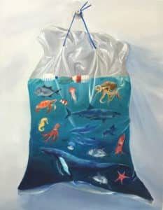 'Your Choice. Their Future.' by Anais Beninger features many marine animals (whales, sharks, octopuses) hanging in a bag that would be used at a pet store to transport fish.