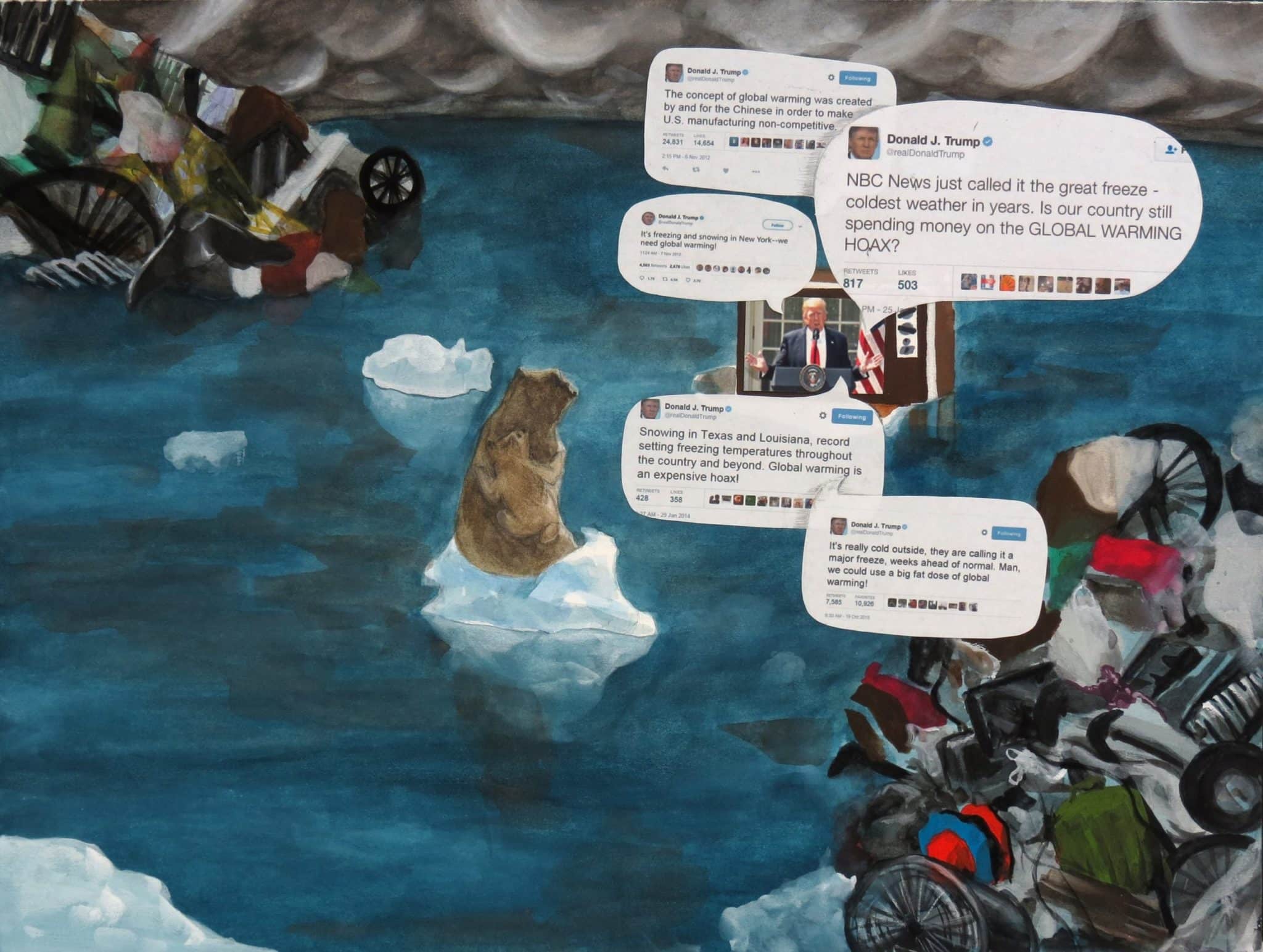 polar bear watching tv with news of president with speech bubbles coming out of it. trash surrounds the bear.