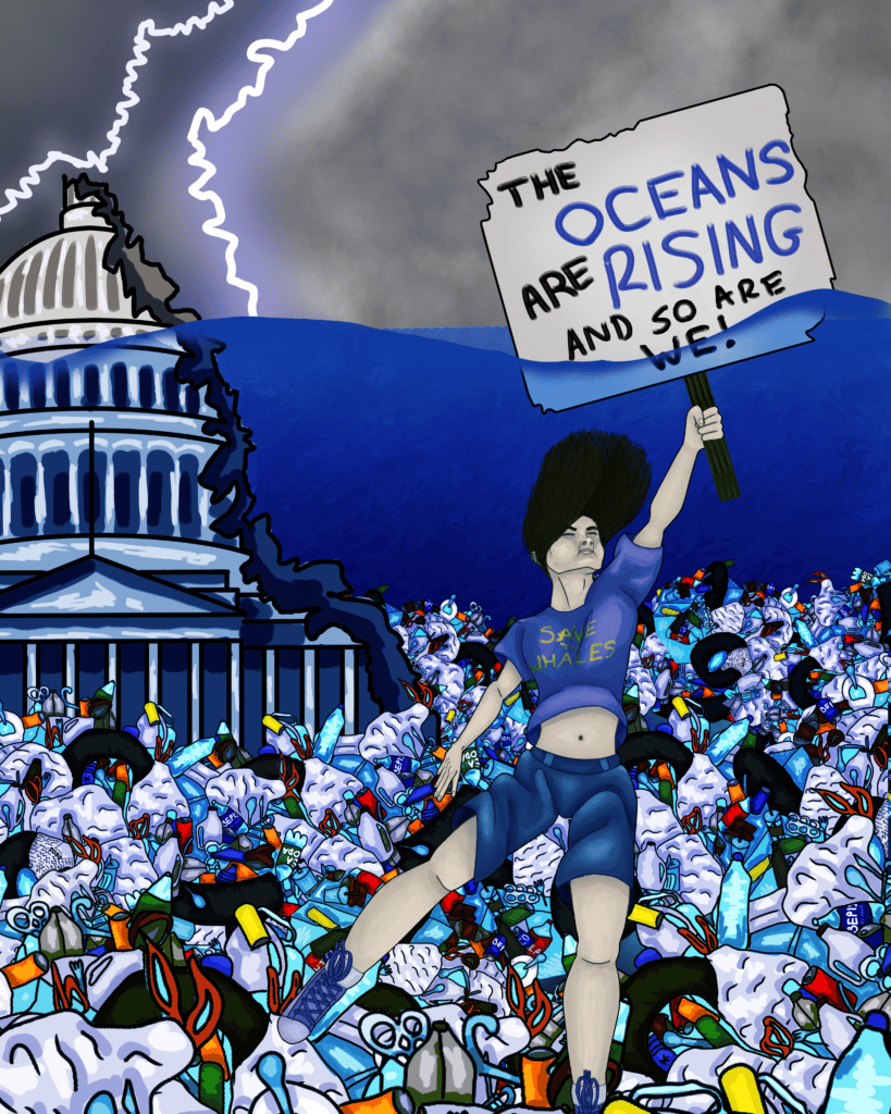 A person stands on trash, holding a sign reading "THE OCEANS ARE RISING AND SO ARE WE," with the Capitol building and lightning in the background.
