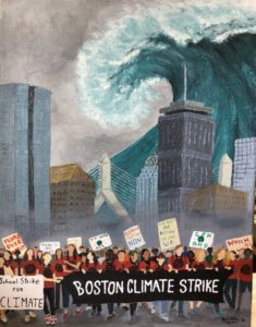 Protesters in front of skyskrapers. Tidal wave roaring over city. Signs say, "School Strike for Climate", "Boston Climate Strike", "Climate justice now", etc.
