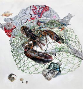 A lobster and crab are caught in a handheld, green fishing net. The not also has a plastic shopping bag, a crinkled Coca Cola can, broken shells, and an empty Poland Springs water bottle.