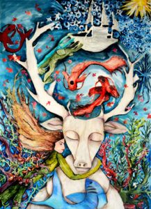 A pale deer is at the center of the piece. A woman hugs the deer. Various sea animals and coral surround the deer. Between the deer's antlers are two Koi fish swimming in a circle and a white ship.