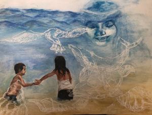 White pencil drawn shells, sea birds, whales, and turtles overlay the image. Two children wade out of dirty water towards blue water which personifies a human woman's face.