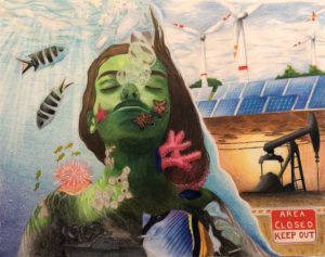 A green girl is submerged below water as bubbles escape from her nose. Coral, trash, and starfish accumulate on the girl's skin. Fish swim around her. The other half of the artwork shows wind turbines, solar panels, and oil rigs.