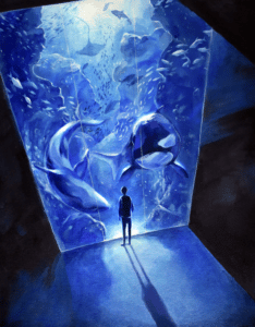 A boy stands in front of what looks to be a tank with many sea creatures like an orca, shark, schools of fish, and stingrays. The blue light coming from the tank causes the boy to cast a harsh shadow.