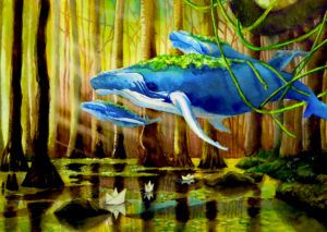 Blue whales swim in the air over a swamp. Litter paper boats float in the water. On the whale's backs is lush green grass. Vines entwine their tales.