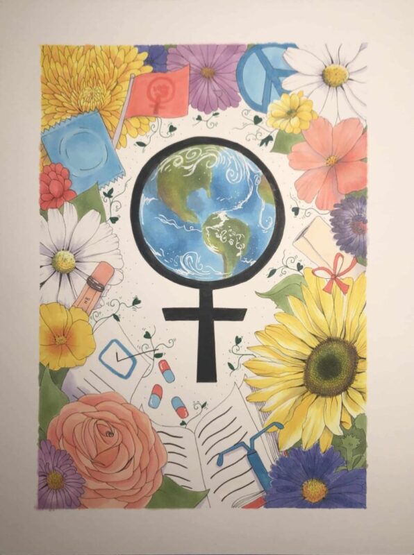 At the center of the piece is the symbol for female. In the head of the symbol is the earth. Around the symbol are various flowers, pills, flags, women's products, peace signs.