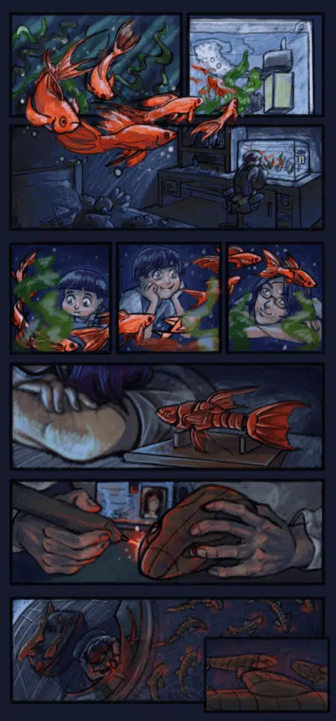 Comic strip showing a person watching TV as fish swim around them. The person interacts with the fish, and one jumps into a bowl, while others swim near a screen.