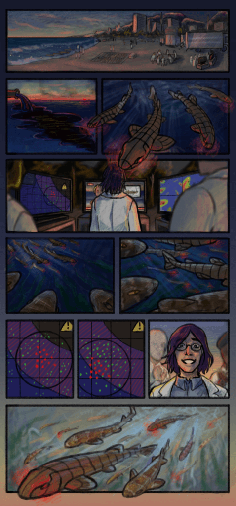 A scientist observes screens showing digital maps while giant shrimp-like creatures emerge from the ocean at sunset.