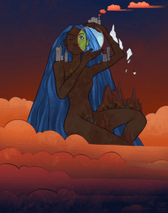 A woman without clothes and long blue hair sits in the middle of orange clouds. Along her body are barren mountains, falling glaciers, and skyscrapers. Her hands hold a round porthole where part of her face is green.