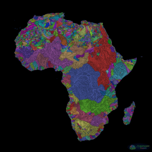 Continuous river systems are each assigned a color on the African continent, forming a colorful depiction of the continent against a black background.