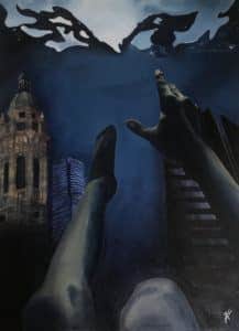 A painting of a person reaching towards the surafe of dark water submerging a city as they fall deeper.