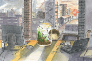 Dreamer by Leo Kubota. A small child looks into a fish tank in a city filled with smog. The kid's phone screen reads "air quality low."