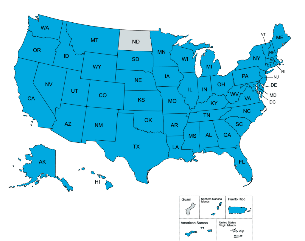 A map of the U.S. with states and U.S. territories from which 2021 Ocean Awareness Contest participants submitted colored in blue.