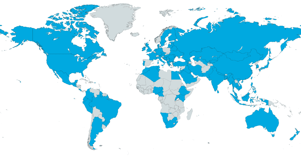 A world map with countries from which 2021 Ocean Awareness Contest participants submitted colored in blue.