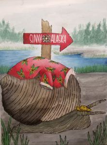 A watercolor painting of a snail with a patterned shirt on its back sliding by a sign pointing to "Sunny Alaska."
