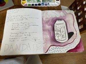A section of Ely's sketchbook which includes a poem about her character, DANDA, and a painting of an icelandic beverage.