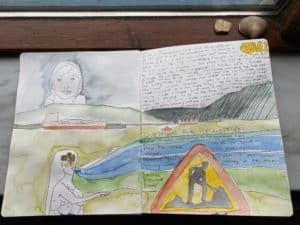 A section of Ely's sketchbook which includes a painting of the landscape and notes about questions to ask Icelanders.