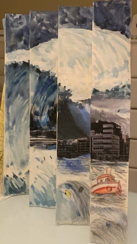 A series of four vertical, hand-painted panels depicting a stormy sea with large waves, a city skyline, and a small boat battling the rough waters.