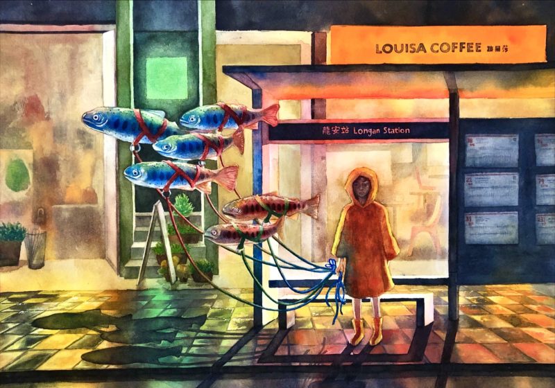 Waiting by Julianne Ho, girl waits at bus stop holding salmon on leashes.