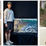 Multiple pictures of 2021 Ocean Awareness Contest participants holding their pieces and/or award certificates.