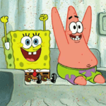 A meme of Spongebob and Patrick sitting on a couch with their hands up in the air.