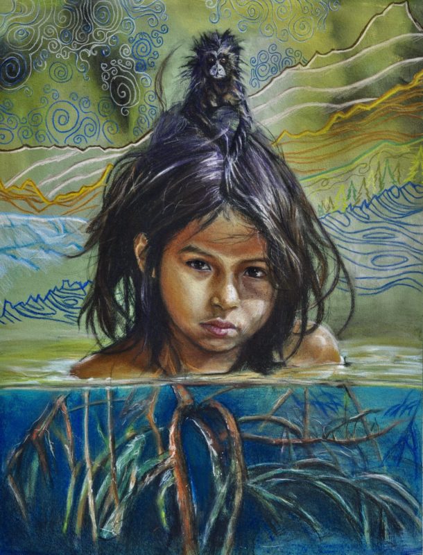 Child with monkey on her head. The child is sitting in water but only roots are seen underwater.