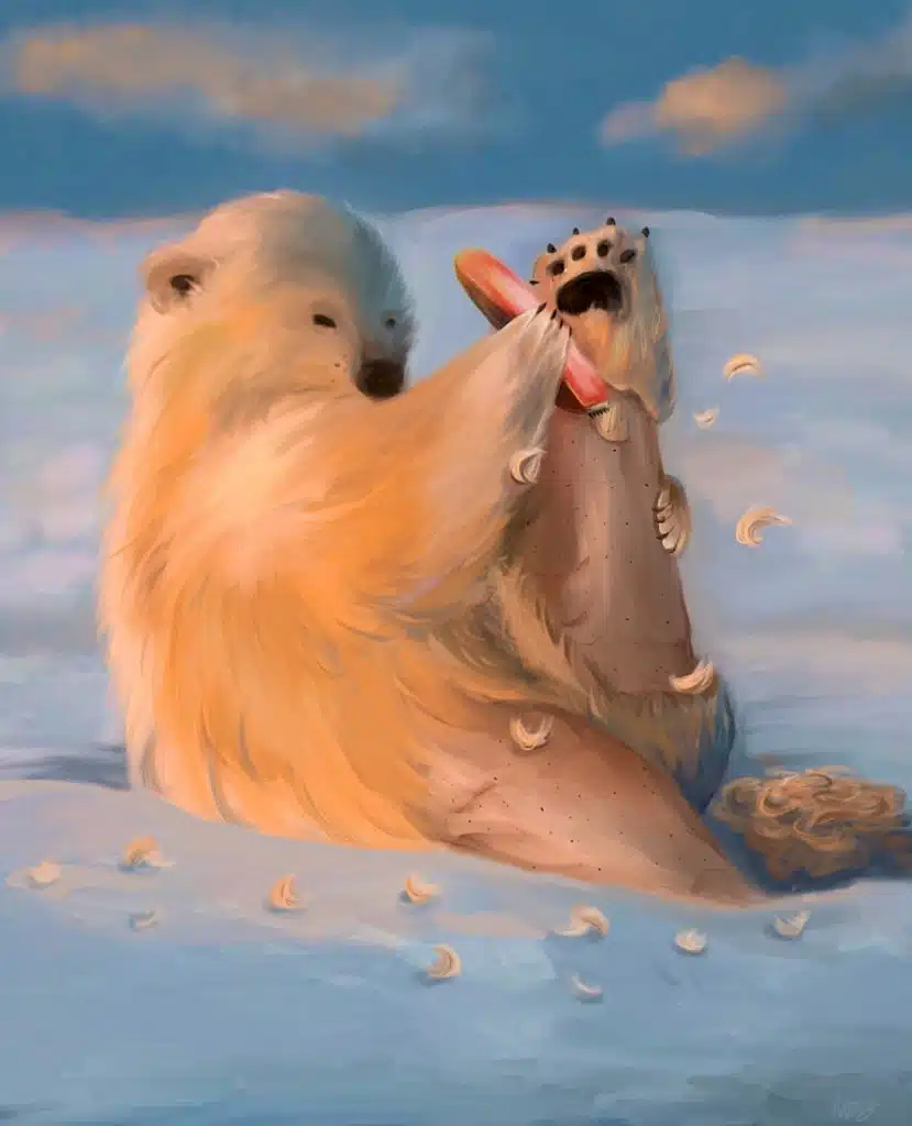 A polar bear is shaving its legs in a snowy landscape. The peice is lit with warm colors.