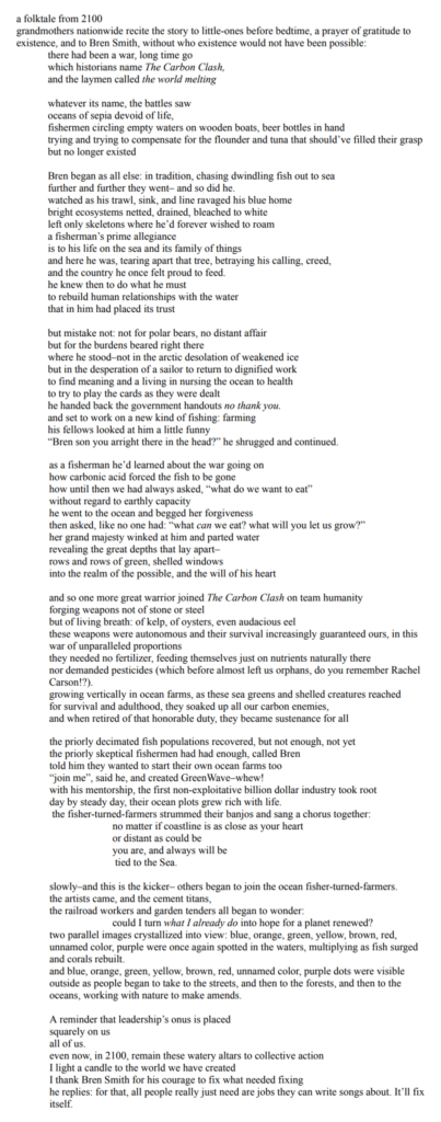 A digital image of a poem titled "a folktale from 2100" displayed in a typewritten format on a white background.