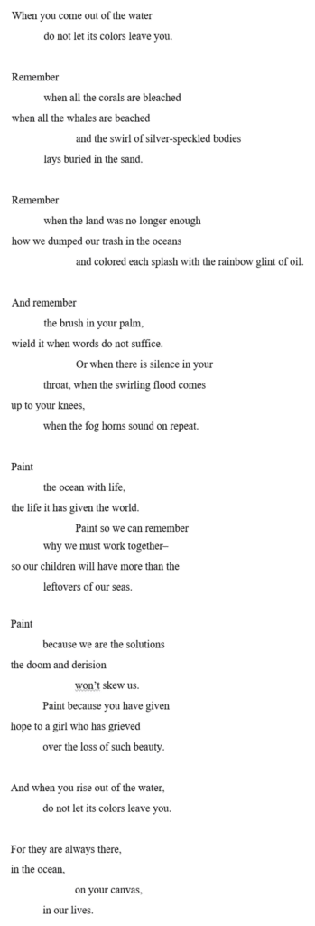 Text with poetic lines about the ocean's beauty and human impact, expressing a call to action to preserve its colors and life.