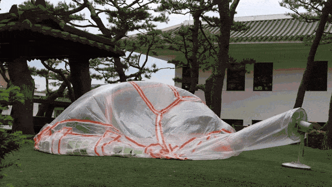 A large plastic sheet is inflated by a fan in a garden, covering objects underneath. Trees and a building are in the background.