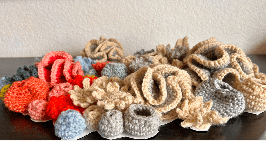 Crocheted corals in various colors, including beige, gray, red, and blue, arranged on a black surface against a white wall.