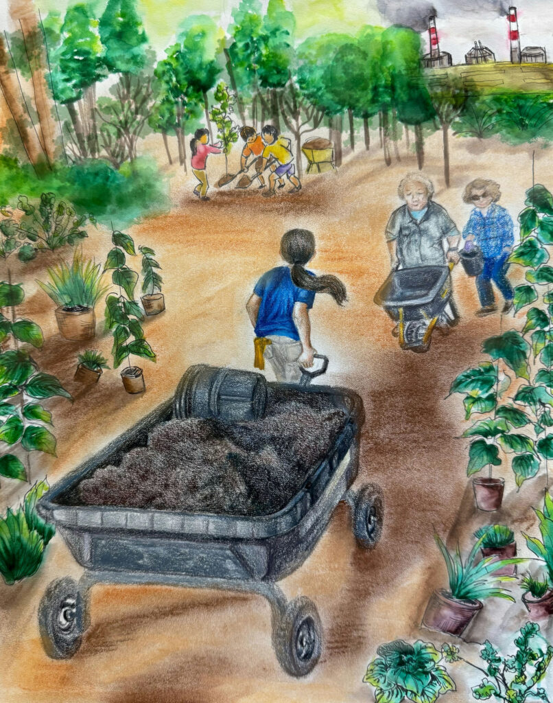 People engage in community gardening, moving soil and potted plants, with a factory emitting smoke in the background.