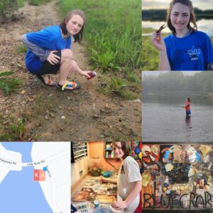 A person outdoors holding a small item, standing in water, and cooking in a kitchen. A map and an image with "Blue Crab" are also shown.