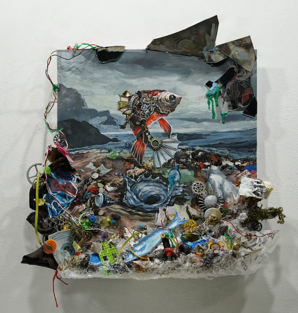 Mixed-media artwork depicting a mechanical fish on a rugged shoreline, surrounded by various gears, wires, and colorful debris.