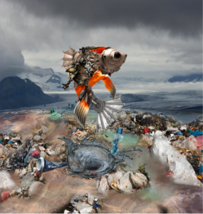 A mechanical fish with metal parts is swimming above a swirling whirlpool in a polluted, trash-filled landscape with a mountainous background.