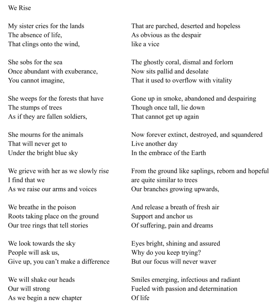 A poem titled "We Rise" explores themes of despair, destruction, and hope, touching on nature, struggle, and resilience.