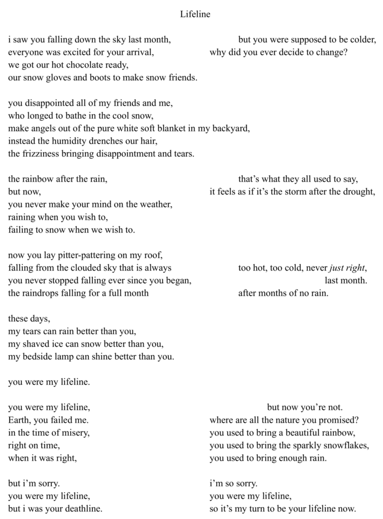 Text poem titled "Lifeline" discussing themes of change, disappointment, and renewal through metaphors of snow, rain, and emotional connections.