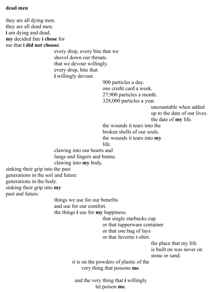 A black and white text-based image featuring a poem about the impact of everyday choices and consumption on life and the environment.