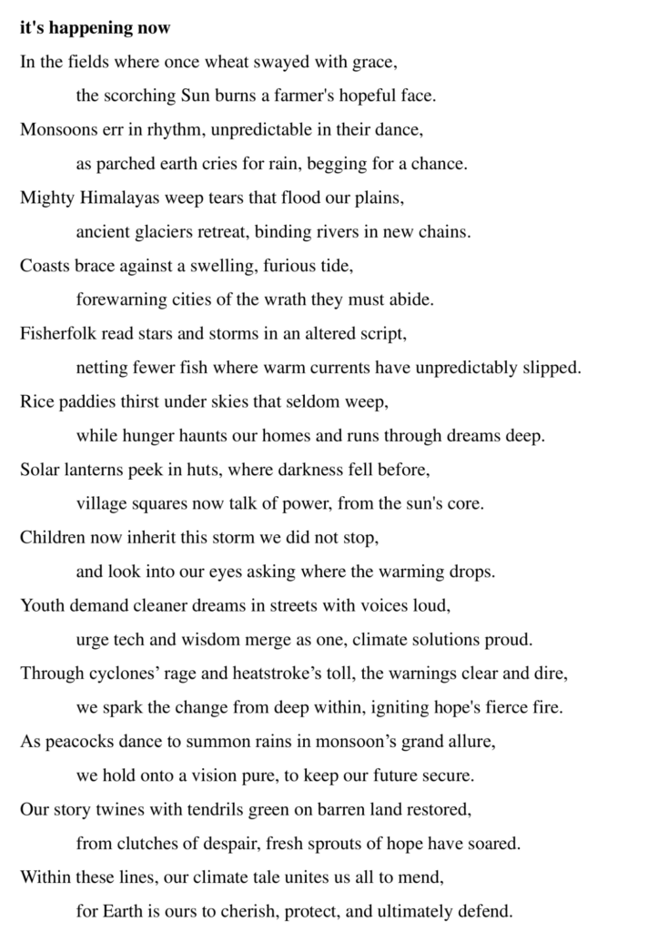 An emotional poem about nature and climate change, discussing storms, monsoons, and humanity's connection to the Earth amidst unpredictable weather patterns.