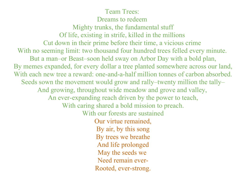 Stylized text with various fonts and colors titled "Team Trees," discussing tree planting and environmental conservation.