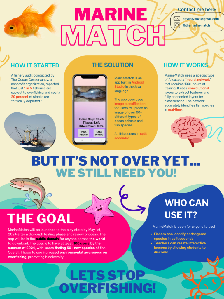 Colorful infographic titled "Marine Match" with information on its purpose, how it started, its solution, and how it works, aiming to prevent overfishing and encourage community involvement.
