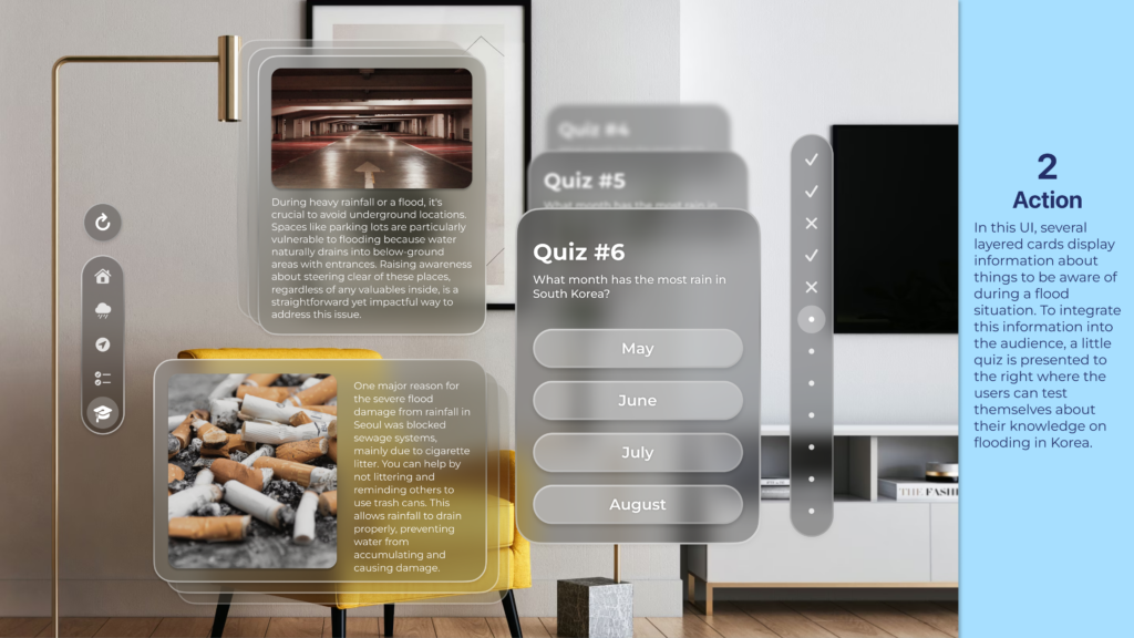 Interactive quiz interface showing a multiple-choice question about rainfall in South Korea. Options include May, June, July, and August. The interface overlays a modern living room.