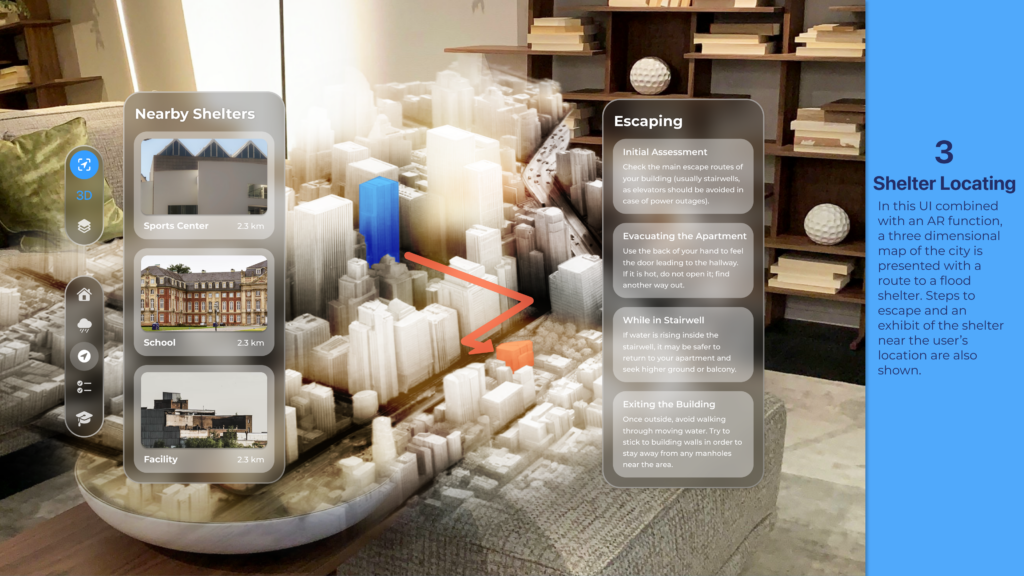 Augmented reality city model showing nearby shelters and escape instructions, illustrating shelter locating steps within an urban flood scenario.
