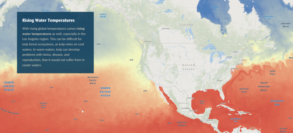 Map showing sea surface temperatures around North America, highlighting areas with warmer waters. A text box on the map discusses the impact of rising temperatures on kelp forest ecosystems.