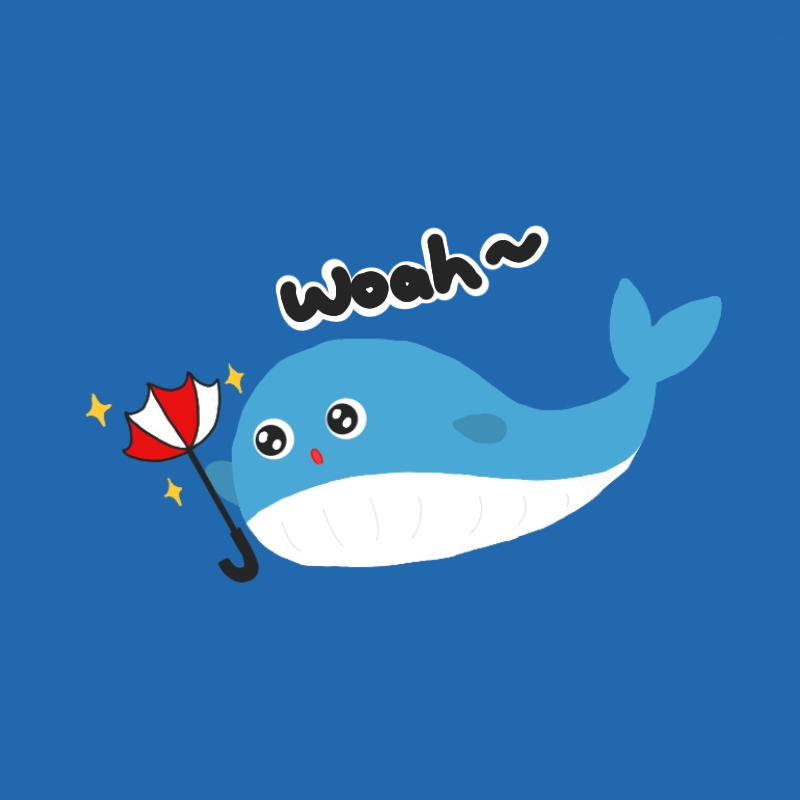 Cartoon blue whale holding a red and white umbrella, with the word "woah" above it against a blue background.