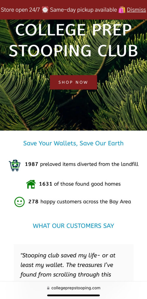 Promotional banner for College Prep Stooping Club with text about saving items from landfill and customer testimonials.