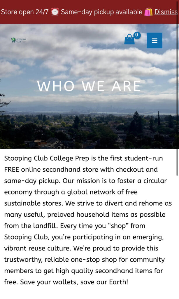 Image of a webpage titled "WHO WE ARE," describing Stooping Club College Prep's mission to offer free sustainable stores and promote reusable culture to save the environment.
