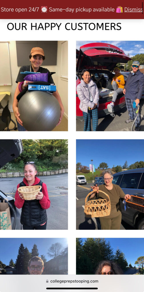 Customers smiling and carrying various items, including books, a yoga ball, and wicker baskets, with cars and trees visible in the background.