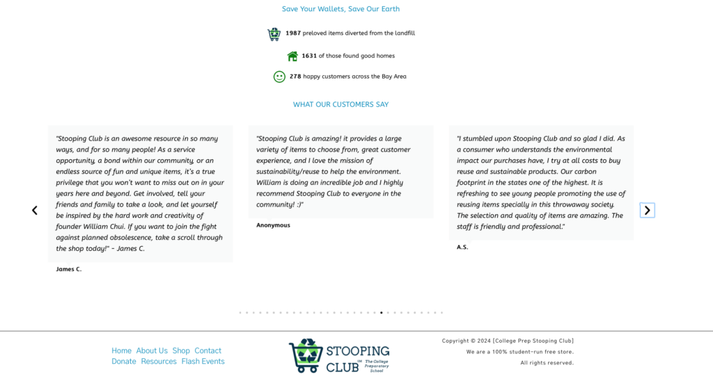 Testimonials about Stooping Club's impact on reducing waste and providing free furniture. Includes endorsements from three individuals highlighting its environmental benefits.